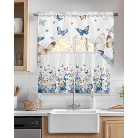 Blue Butter-fly Swag Kitchen Curtain Sets with Valance,3 Pieces Rod Pocket Curtain Drapes for Bedroom Living Room Bathroom Windows,Country Aesthetics Gradient Brown Art 56''x36'' & 36''x27.5''x2Panels
