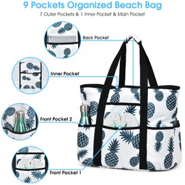 Becokan Beach Bags for Women, Large Beach Tote Bag with Zipper Pockets Beach Bag Waterproof Sandproof Travel Nurse Tote Bag