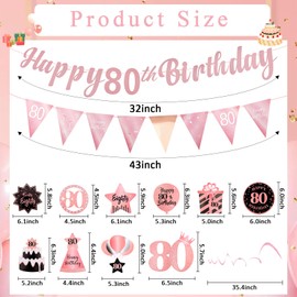 80th Birthday Decorations for Women Set - Hapdoo Happy 80th Birthday Banner Triangle Flag Hanging Swirls Streamers for Women Party Decorations Supplies, Rose Gold