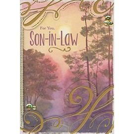 Designer Greetings Gold Foil Swirls on 3D Top and Bottom Borders, Gold Ribbon Over Trees with Red Hue Hand Decorated Father's Day Card for Son-in-Law