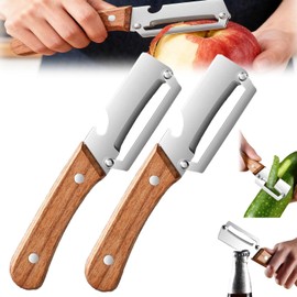 Peeler de vegetales multifuncional para cocina, pelador de frutas y vegetales 2 en 1 premium con abrebotellas y mango de madera, peladores de papa de acero inoxidable (2PCS)