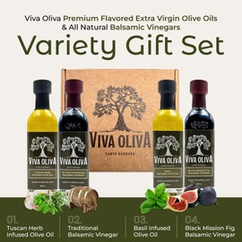 Viva Oliva Four 60ml (2oz) Variety Gift Set - Premium Flavored Extra Virgin Olive Oils (Tuscan Herb & Basil) and All Natural Balsamic Vinegars (18 Year Traditional & Black Mission Fig)