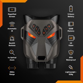 Night Vision Goggles - Nightfox Ember Night Vision Binoculars, Easy To Use with Extra Large Screen, 4x Magnification, 250m Range, 4K Video Recording, Adult NVG Goggle Binocular for Wildlife, Camping