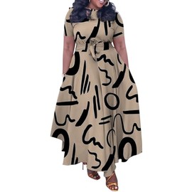 BFFBABY Plus Size Dress A Line Dresses for Women Summer Long Dresses with Sleeve Casual Belted Khaki