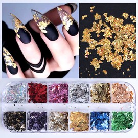 12 Colors Nail Art Glitter Foil 3D Ultra-Thin Gold Aluminum Flakes Special Sparkling Design Nail Art Supplies Holographic Glitter for Nail Decoration DIY Nail Art Tips for Woman Girls Make Up Party