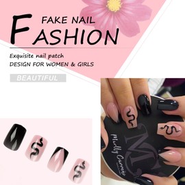 24Pcs Black Press on Nails Short, Square False Nails Snake Design Glossy Stick on Nails, Daily Wear Artificial Full Cover Fake Nails for Nail Art Manicure Decoration