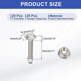 PATIKIL M5 x 20 mm T-Slot Bolts, 1 Set Drop-in Bolt Hammer Head with Hexagon Flange Nuts T-Bolt Stud Sliding Screw for 20 Series Aluminum Extrusion Profile, Silver
