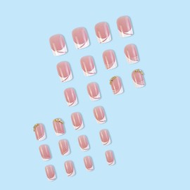 Press on Nails Short Square, Artificial Acrylic Fake Nails with Rhinestones Design Full Cover Reusable Coffin Shaped Pink French False Nails, DIY Stick on Nails for Women, Glue on Nails for Nail Set