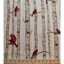 FlashPhoenix Quality Sewing Fabric – Woodsy Winter Cardinals Red Birds on Birch Trees 100% Cotton Fabric 36 x 44