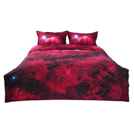 uxcell Full/Queen Size Galaxies Red Comforter Sets - 3D Outer Space Themed Bedding - All-Season Down Alternative Quilted Duvet - Reversible Design- Includes 1 Comforter, 2 Pillow Cases