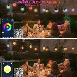 Yeelan Outdoor String Lights, 49Ft 20 Bulbs RGB Warm White Patio Lights, with APP & Remote, IP65 Waterproof, Color Changing Hanging LED Lights for Garden Backyard Party