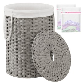 SETVSON Laundry Basket with Lid Round Rattan Laundry Hamper with Lid and Handles 29.1 Gal (110 L) Handwoven Woven Basket with Removable Bags and 2 Mesh Bags for Bathroom Living Room Gray