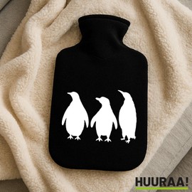 Huuraa Wärmflasche Pinguine Silhouette Geschenk 1,8 Liter Black Classic Veloursbezug Pinguine Präsent