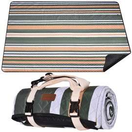Waterproof Picnic Blanket 80*80 in Portable with Carry Strap for Beach Mat or Family Outdoor Camping Party, Park Blanket for Grass Park, Hiking, Travel, Concerts (Dark Green&White&Orange, 80" * 60")