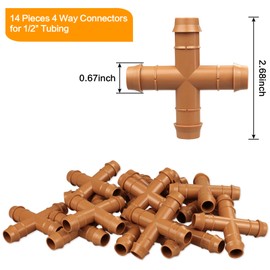iRunning Drip Irrigation Fittings Barbed Cross Tee for 1/2" Irrigation Tubing(0.600" ID), 14 Pieces Barbed 4 Way Connectors, Drip Line 4 Way Couplings for Drip Sprinkler Garden Lawn Systems