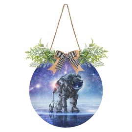Oyihfvs Astronaut in Galaxy Stars Universe Door Hanging Sign, 12" Merry Christmas Front Plaque Board Round Wreath for Daily Holiday Welcome Home Garden Yard Wall Pediments