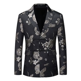UNINUKOO Mens Floral Tuxedo Suit Jacket Casual Dress Party Flower Pattern Blazer for Men US Size 38 Black Pattern