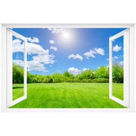 Fake Window Decal - 48"x32" Pre-Cut Vinyl Wall Art (Top & Bottom Panels) | Nature Landscape Scene Mural Sticker | Removable Peel & Stick Decor