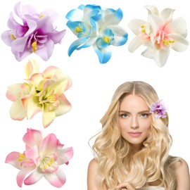 5 Pcs Hawaiian Flower Hair Clips for Women Girls 3.5 Inch Artificial Flower Clips for Hair Plumeria Hibiscus Tropical Hair Clip for Beach Vacation Party Wedding Cruises Boho Flowers Hair Accessories