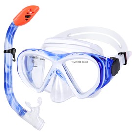 KUYOU Kids Snorkel Set Dry Top Snorkeling Gear,180°Panoramic Wide View Swimming Diving Mask for Kids Youth Boys Girls Junior Age 5-12 (Blue+White)