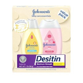 Johnson's Baby Care Essentials - Juego de regalo para cuidado de la piel del bebé con champú y jabón corporal, loción corporal y pasta de óxido de zinc para piel delicada del bebé, paquete de valor, tamaño de viaje, 3 artículos