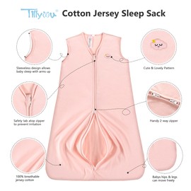 TILLYOU Sleep Sack 2 Pack - Baby Wearable Blanket with 2-Way Zipper, Extra Soft Cotton Sleeveless Sleeping Bag for Infants, 18-24 Months, Pink Elephant & Cloud