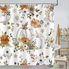 PAOPOED Fall Pumpkin Shower Curtain for Bathroom, Autumn Floral Leaves Thanksgiving Harvest Bath Curtain, Fall Seaeon Farmhouse Rustic Bathroom Decor Fabric with Hooks, Washable Polyester 72x72