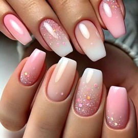Ombre Press on Nails Medium Coffin OFDNE Pink Fake Nails Gradient False Nails with Glitter Designs Full Cover Glossy Glue on Nails Acrylic Nails for Women Girls 24Pcs