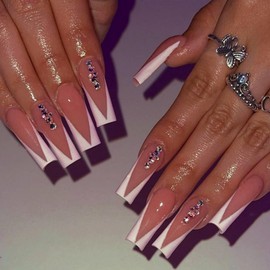 White French Tips Press on Nails Long Square Stick on Nails with Colorful Rhinestones Design Glossy Skin Tones Fake Nails Full Cover False Nails Sparkly Glue on Nails for Women Girls Manicure 24Pcs