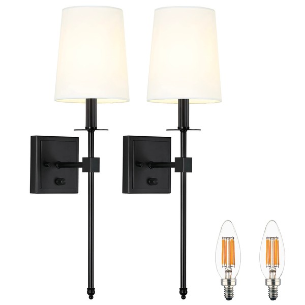 Untrammelife Black Wall Sconces Set of Two, Farmhouse Sconces Wall Lighting with Dimmer ON/Off Switch, Industrial Hardwired Wall Lamps for Bedrooms, Living Room, Bathroom, Vanity (Bulbs Included)