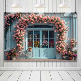 Leowefowa 10x8ft Spring Pink Flowers Backdrop Blue Gypsum Line Wall Floral Window Background Romantic Empty Room Flower Arch Bicy-cle Art Party Banner Decor Photo Supplies Prop