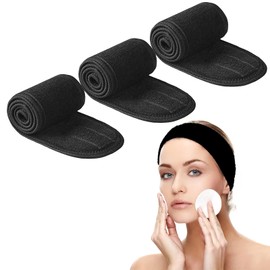 Spa Headband, 3 Counts Adjustable Face Washing Headband with Magic Tape, Skincare Headband for Washing Face, Bath, Shower, Makeup and Sport (Black)