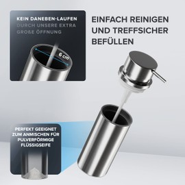 ovimar Seifenspender Sletterhage | Silber | Edelstahl | freistehend ohne Bohren | mit extra großer Öffnung leicht wiederbefüllbar | für Badezimmer oder Küche