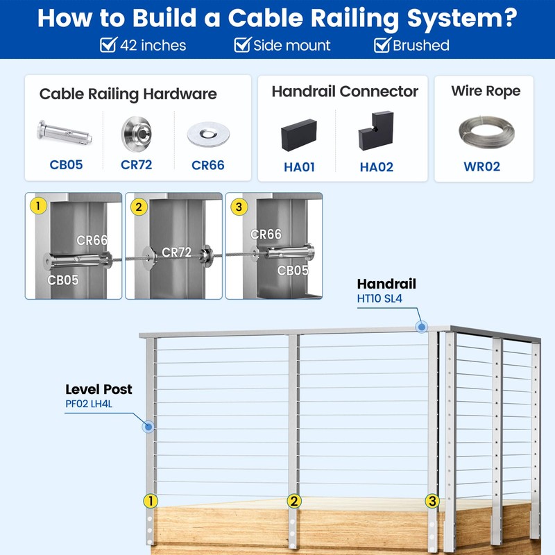Muzata Side Mount Cable Railing Post 42 Inch 42"x2"x2" Level