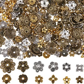 SUNNYCLUE 1 Box 360Pcs 12 Styles Bead Cap Findings Flower Spacer Beads Bulk Tibetan Alloy Floral Metal End Cap Silver Gold Bronze Vintage Bead Caps for DIY Bracelet Necklace Earrings Jewelry Making
