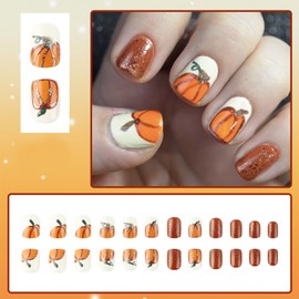 Fall Press on Nails Thanksgiving Pumpkin Fake Nails Short Square Acrylic Nails with Cute Pumpkin Design Artificial Nails Autumn Gold Glitter Glossy Glue on Nails False Nails for Women Girls DIY 24Pcs