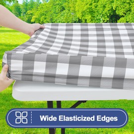 Smiry Picnic Table Cloth 2 Pack, Waterproof Elastic Fitted Tablecloths for 6FT Rectangle Tables, Washable Polyester Buffalo Plaid Tablecloth for Camping, Dining & Outdoor (Grey & White, 30" x 72")