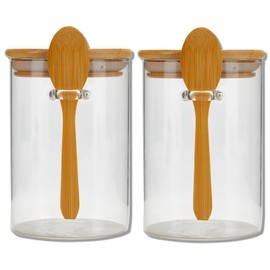 WEANGCW Glass Storage Containers with Lids of 2,20fl oz Glass Food Storage Jars with Bamboo Lid and Spoon Clear Glass Food Canister for Sugar,Coffee,Condiment,Pepper,Flour,Spice and More