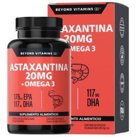 Beyond Vitamins Astaxantina 20mg de Haematococcus pluvialis + Omega 3 EPA/DHA | 176mg EPA + 117mg DHA | Extracto Natural de Oleorresina, Aceite de Pescado, Alta Potencia | 60 Cápsulas