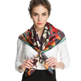 corciova Designer Satin Women Big Square Neck Scarf Headscarf Ethnic Floral Navy Curly Headband Tie Sleeping at Night Fashion