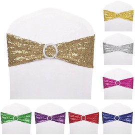 NC Sequin Chair Sashes Spandex, Pack of 6 Sequin Stretch with Buckle Chair Bands for Wedding Banquet Birthday Graduation Party Anniversary Prom Celebration Chair Decorations (Champagne, 6pcs)