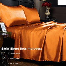 JSD Orange Satin Sheet Set Full Size, 4 Piece Silky Bed Sheets Extra Deep Pocket, Good for Hair and Skin