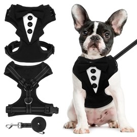 EXPAWLORER Dog Tuxedo Harness, Adjustable No Pull Pet Vest Harness with Leash Wedding Suit Attire with Bow Tie, Soft Padded Step-in Party Outfit Costume for Puppy Small Medium Dogs, Black S
