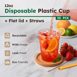 12oz Disposable Plastic Cups with Transparent Flat Lids and Colorful Straws – Set of 50 Iced Coffee Cups with 12 fl oz Capacity – Clear Plastic Cups for Cold Beverages – Pack with 50 Units, 12 oz