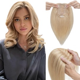Elailite Hair Toppers for Women Real Human Hair Topper Thinning Thin 5.1"x2.8" Silk Base Clip in Remy Hairpieces 18 Inch Sandy Blonde mix Bleach Blonde