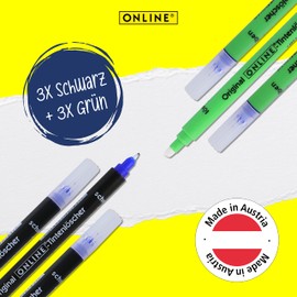Online Online Vorteils-Pack 6x Tintenlöscher zum Löschen und Überschreiben | in verschiedenen Farben, je 3x schwarz, grün | Entfernung und Korrektur blauer Tinte | Schreibfarbe blau