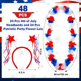 4th of July Party Accessories - 12 Patriotic Headbands, 12 Independence Flower Leis, Red White Blue Star USA Flag Head Boppers for Memorial Day and Labor Day