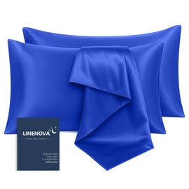 LINENOVA Silky Satin Pillowcases Set of 2 – Standard Size 48x74cm, Frizz Control & Gentle on Skin, Silk-Like Feel with Envelope Closure – Gift Ready – Royal Blue