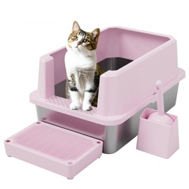 RIZZARI Large Cat Litter Box: Pink Semi-Closed Stainless Steel Litter Box with High Edges - Teflon Non-Stick Coating - Odorless Litter Pan Anti Leakage for Small to Large Cats for Bedroom Living Room
