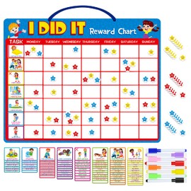 Magnetic Reward Chart, Dry Erase Kids Behavior Responsibility Task Board-84 Chores (including 7 Blanks), 272 Magnetic Stars, 8 Markers & 3 Name Cards-Good Behavior Daily Routine to motivate kids